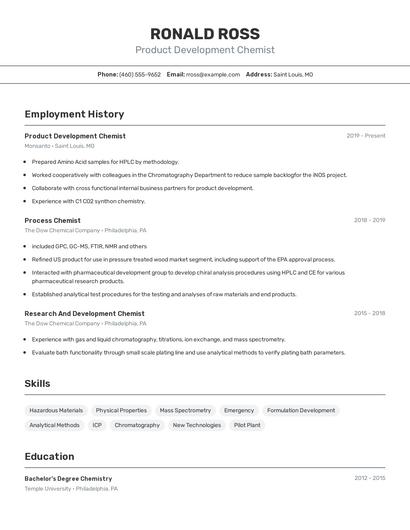 Product Development Chemist Resume