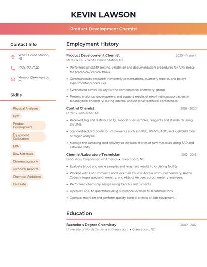 Product Development Chemist Resume