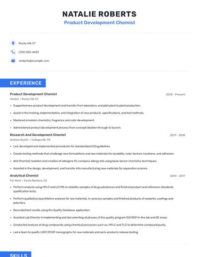 Product Development Chemist Resume