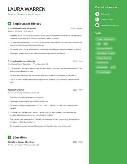 Product Development Chemist Resume