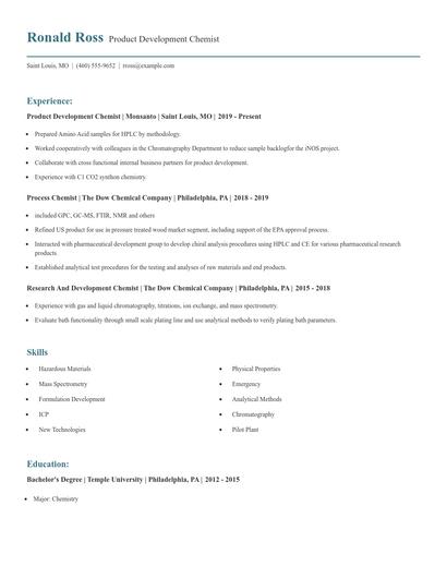 Product Development Chemist Resume