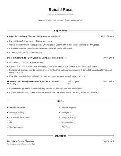 Product Development Chemist Resume