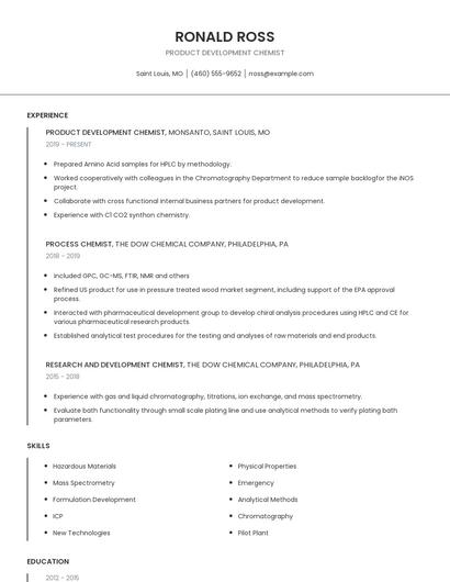Product Development Chemist Resume