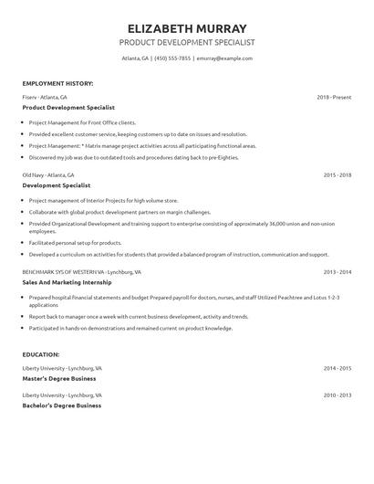 Product Development Specialist Resume
