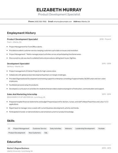 Product Development Specialist Resume