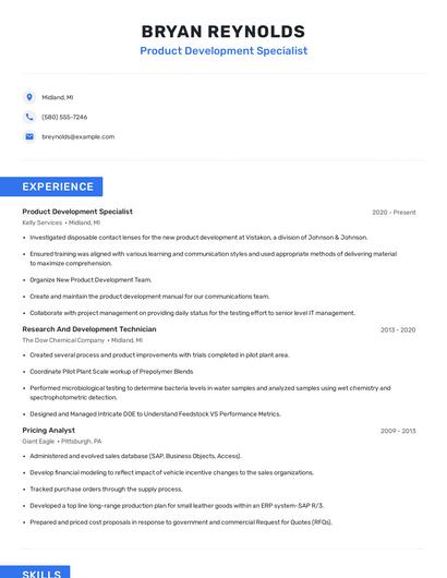 Product Development Specialist Resume