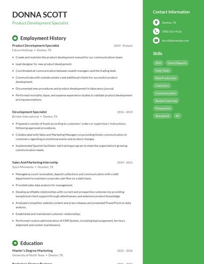 Product Development Specialist Resume