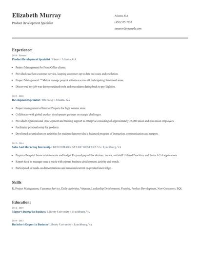 Product Development Specialist Resume