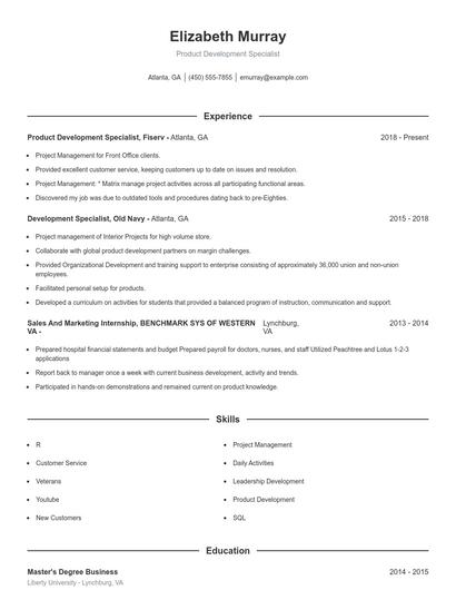 Product Development Specialist Resume