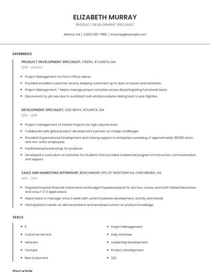Product Development Specialist Resume