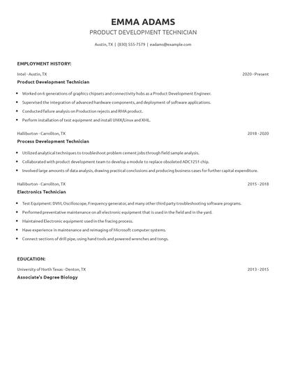 Product Development Technician Resume