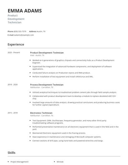 Product Development Technician Resume