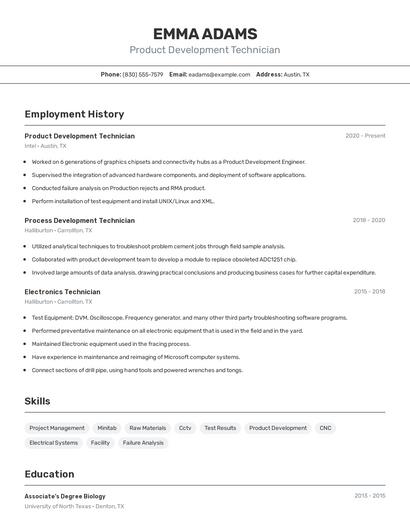 Product Development Technician Resume
