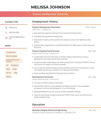Product Development Technician Resume