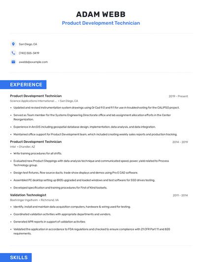 Product Development Technician Resume
