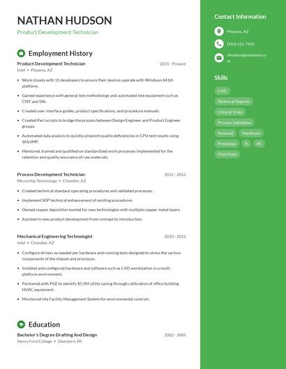 Product Development Technician Resume