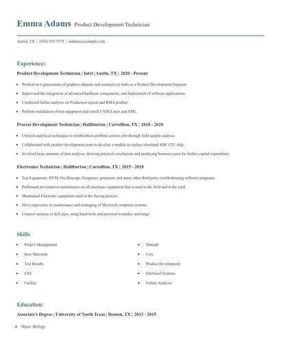 Product Development Technician Resume