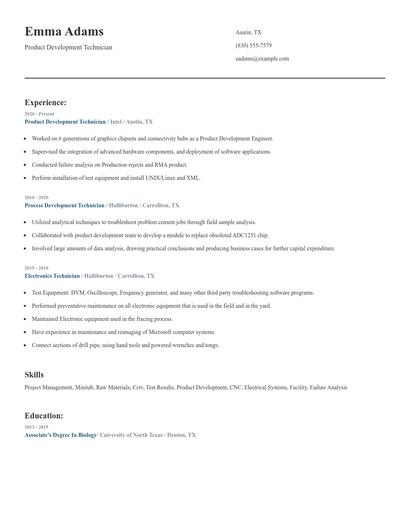 Product Development Technician Resume
