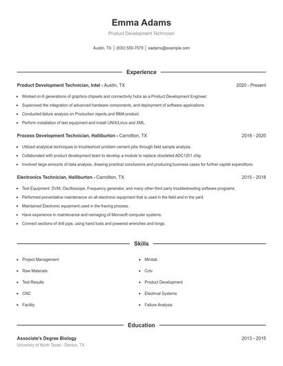Product Development Technician Resume