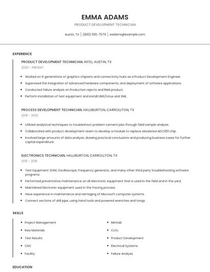 Product Development Technician Resume