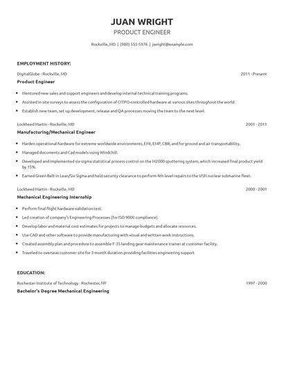 Product Engineer Resume