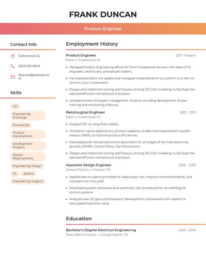Product Engineer Resume