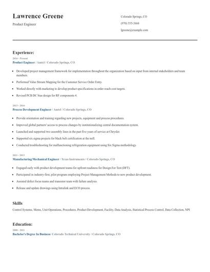 Product Engineer Resume