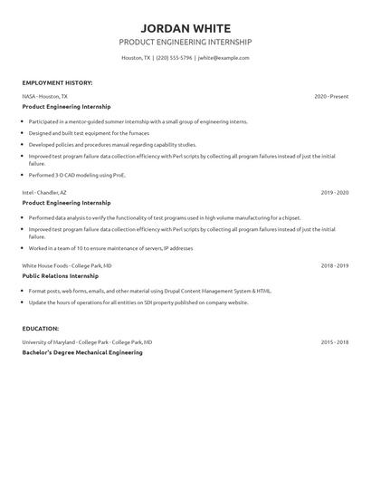 Product Engineering Internship Resume