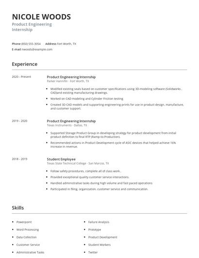 Product Engineering Internship Resume
