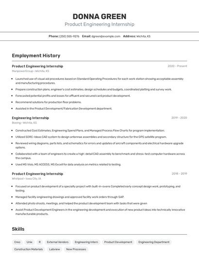 Product Engineering Internship Resume