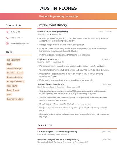 Product Engineering Internship Resume