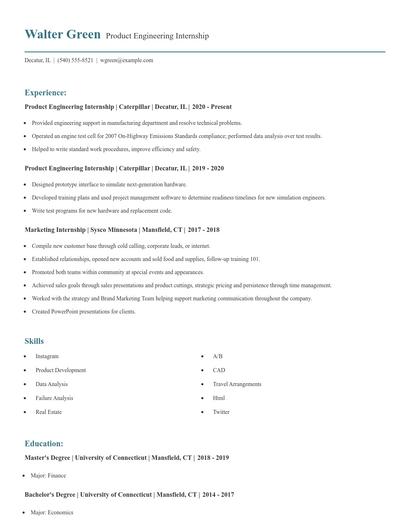 Product Engineering Internship Resume