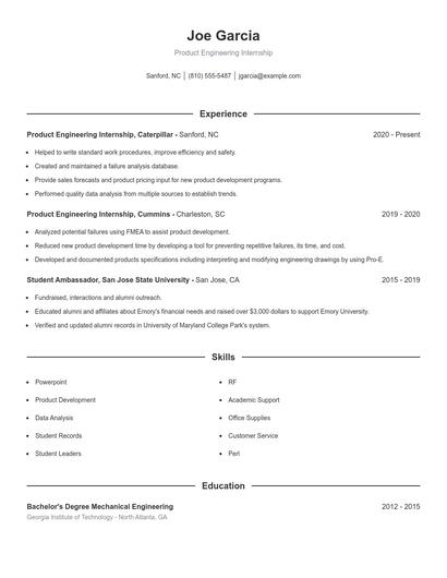 Product Engineering Internship Resume