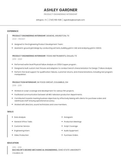 Product Engineering Internship Resume