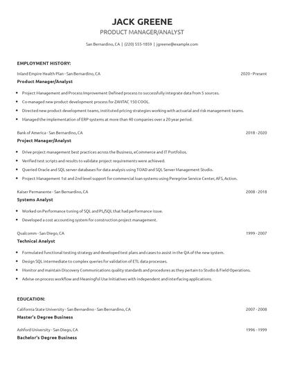 Product Manager/Analyst Resume