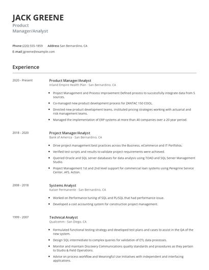 Product Manager/Analyst Resume