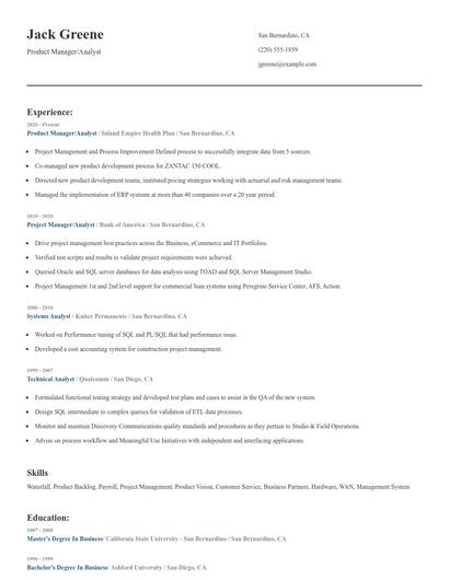 Product Manager/Analyst Resume