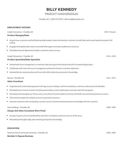 Product Manager/Sales Resume