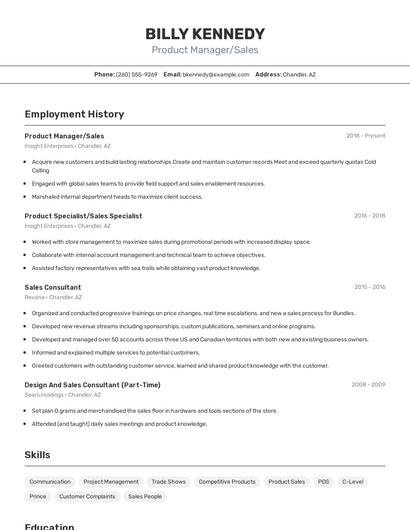 Product Manager/Sales Resume