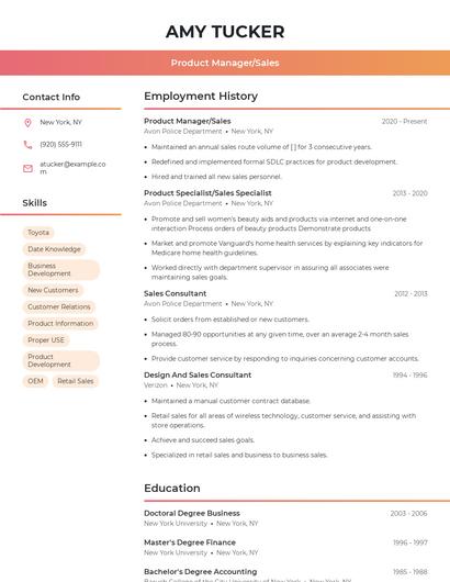 Product Manager/Sales Resume