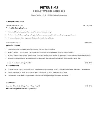 Product Marketing Engineer Resume
