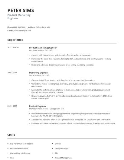 Product Marketing Engineer Resume