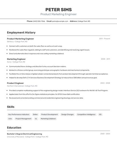 Product Marketing Engineer Resume