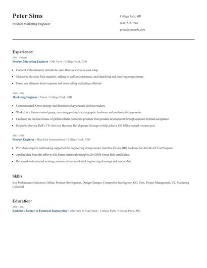 Product Marketing Engineer Resume