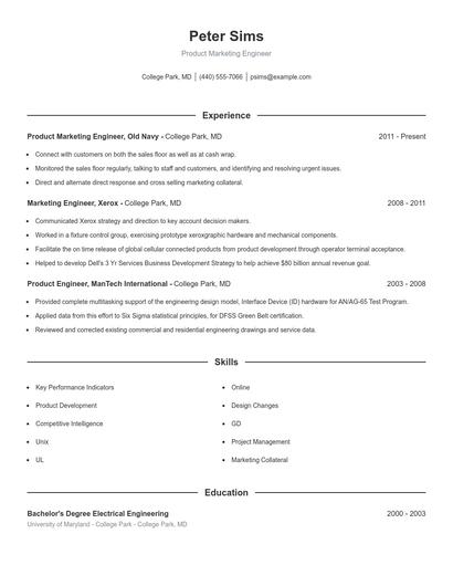 Product Marketing Engineer Resume