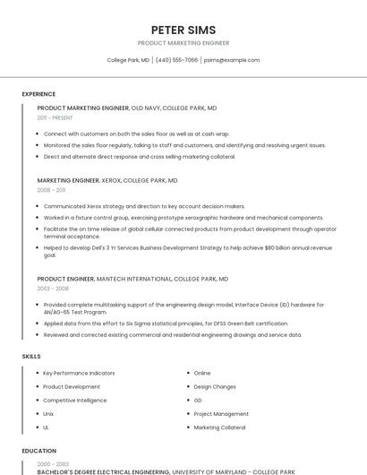 Product Marketing Engineer Resume