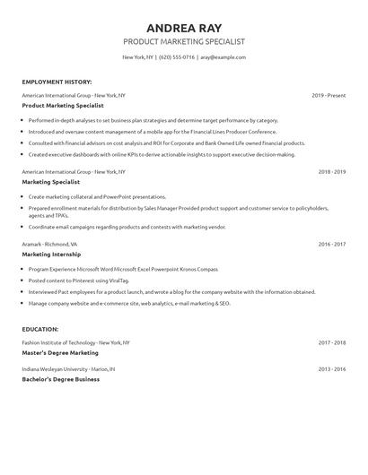 Product Marketing Specialist Resume
