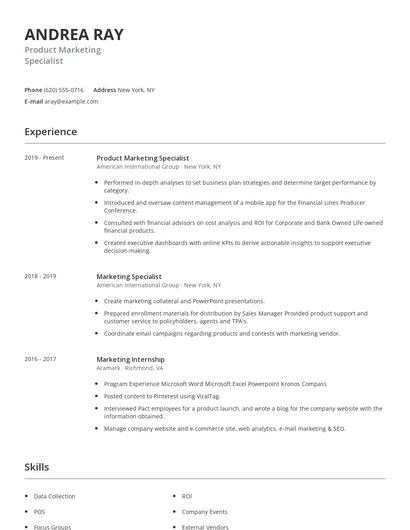 Product Marketing Specialist Resume