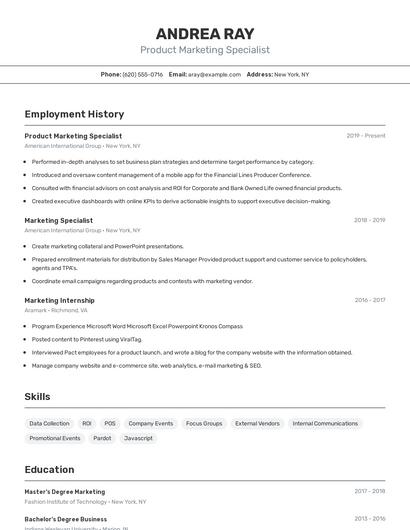 Product Marketing Specialist Resume