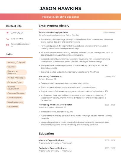 Product Marketing Specialist Resume